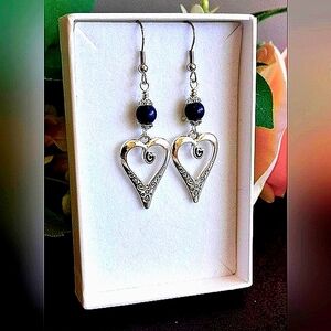 NWT Boho Dangle Heart Engraved Pendant Silver & Black Drop Earrings